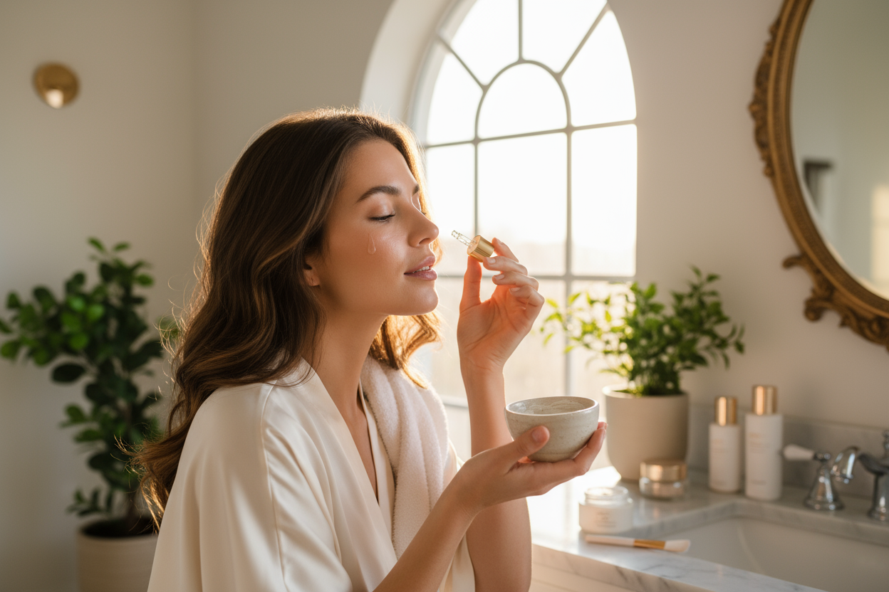 beleza e cosmeticos, com uma mulher usando produtos de beleza